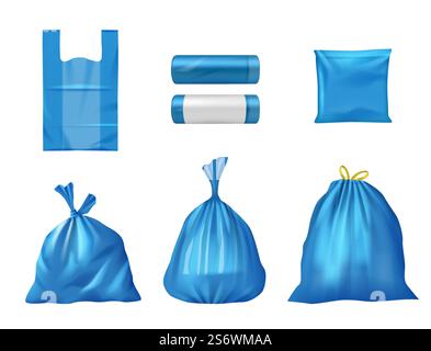 Kunststoffbeutel. Recycling Verschmutzung Müll Küche Taschen anständige Vektor realistische Behälter Set. Illustration eines Sacks für Verschmutzung und Müll. Kunststoffbeutel. Recycling Verschmutzung Müll Küche Taschen anständige Vektor realistische Behälter Set Stock Vektor