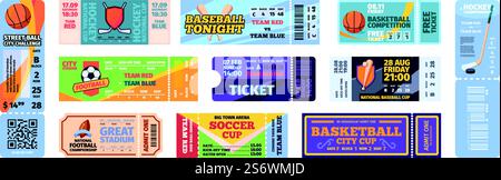 Eintrittskarten für Sportveranstaltungen. Flyer Einladung für Action Sportspiele Baseball Fußball Hockey grell Vektor Tickets Design Vorlagen. Illustration Ticket der Vorlage für Sportereignisse. Eintrittskarten für Sportveranstaltungen. Flyer Einladung für Action Sportspiele Baseball Fußball Hockey grell Vektor Tickets Design Vorlagen Stock Vektor