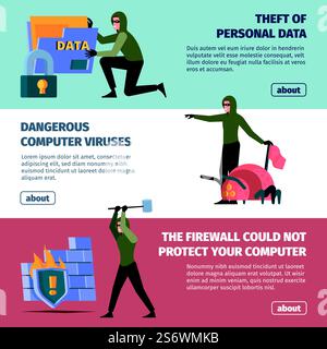 Programmierer Banner. Digitale Hacking-Angriffe Cyberkriminalität Diebstahl Software Malware Phishing Viren von anonymen E-Mail Gefahr Bugs Vektor. Abbildung: Hacker-Programmiergerät, Sicherheitstechnologie. Programmierer Banner. Digitale Hackerangriffe Cyberkriminalität Diebstahl Software Malware Phishing Viren aus anonymen E-Mails Gefahr Bugs grellen Vektorvorlagen Stock Vektor