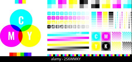 CMYK-Balken. Druckerei Presse Registrierung Testfarben Marken Drucker Kalibrierung bunte Symbole grell Vektor Set gelb Cyan schwarz und weiß. CMYK-Farbe zur Vorbereitung der Druckprozessabbildung. CMYK-Balken. Druckerei Presse Registrierung Testfarben Marken Drucker Kalibrierung bunte Symbole grell Vektor Set gelb Cyan schwarz und weiß Stock Vektor