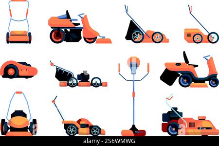 Rasenmäher. Mäher Traktor für Graspflege und Schneidemaschinen für Gärtner grell Vektor Illustrationen Set. Mähmaschine, Mähwerk und Mähwerk. Rasenmäher. Mäher Traktor für Graspflege und Schneidemaschinen für Gärtner grell Vektor Illustrationen Set Stock Vektor