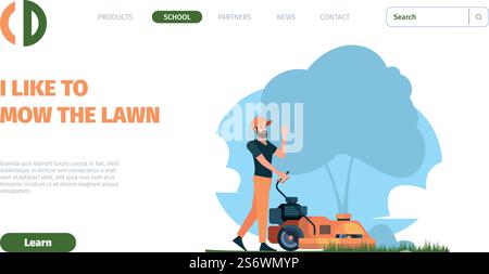 Rasenmäher landen. Gärtner arbeiten Graspflege und schneiden grell Vektor Webseite Vorlage. Gärtner Mährasenkonzept Illustration. Rasenmäher landen. Gärtner arbeiten Graspflege und schneiden grell Vektor Webseite Vorlage Stock Vektor