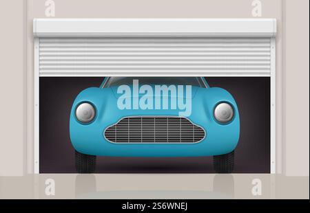 Auto in der Garage. Rolltüren an den Parktüren Vorderansicht Auto anständige Vektor realistische Illustration. Garagentor für Autos, Roller außen. Auto in der Garage. Rolltüren an den Parktüren Vorderansicht Auto anständige Vektor realistische Illustration Stock Vektor