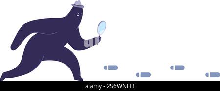 Detective mit Lupe, sehen Sie sich mysteriöse Fußabdrücke an. Ermittler nach Straftäter. Erfolgreiche Untersuchung mit Polizisten-Vektor. Abbildung der Suche nach detektiver Lupe. Detective mit Lupe, sehen Sie sich mysteriöse Fußabdrücke an. Ermittler nach Straftäter. Erfolgreiche Untersuchung mit abstraktem Polizisten-Vektorcharakter Stock Vektor