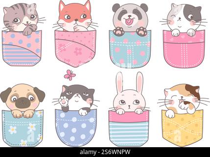 Niedliches Taschentier. Cartoon-Taschen Kätzchen, Hund und Häschen. Fröhliche Freunde für Kinder, niedliches Tiermuster. Witzig heutzutage Panda, Fuchs und Katzen Vektorset. Illustration von Kätzchen und Katzentieren in der Tasche. Niedliches Taschentier. Cartoon-Taschen Kätzchen, Hund und Häschen. Fröhliche Freunde für Kinder, niedliches Tiermuster. Witzig heutzutage Panda, Fuchs und Katzen Vektorset Stock Vektor