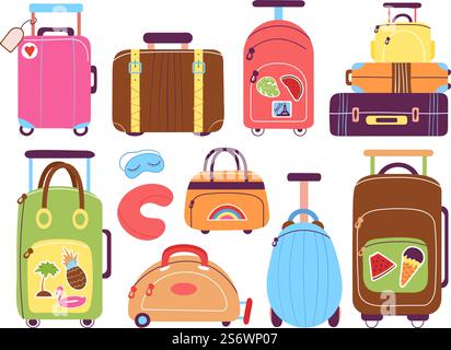 Koffer. Reisegepäck, Cartoon-Koffer-Paket. Reisemachen, Tourismus und Urlaub. Reisetaschen, Rucksäcke für die Reise. Flacher Voyage-Vektorsatz. Illustration von Gepäck und Gepäck. Koffer. Reisegepäck, Cartoon-Koffer-Paket. Reisemachen, Tourismus und Urlaub. Reisetaschen, Rucksäcke für die Reise. Flacher Voyage-Vektorsatz Stock Vektor