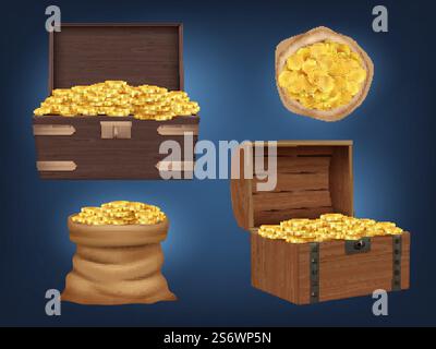 Goldene Brust. Realistischer Sack und hölzerne Piratenkiste mit Schätzen alten Vintage-Kasten voller Geld goldene Münzen anständige Vektor-Illustrationen isoliert gesetzt. Goldschatz, Sack und Kiste mit Münze. Goldene Brust. Realistischer Sack und hölzerne Piratenkiste mit Schätzen alten Vintage-Kasten voller Geld goldene Münzen anständige Vektor-Illustrationen isoliert gesetzt Stock Vektor