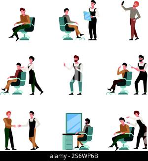 Friseurarbeiter. Friseur Charaktere arbeiten in Schönheitssalon Friseur Shop Werkzeuge Rasierer Schere Haartrockner grell Vektor flache Illustrationen. Friseur und Friseur im Salon. Friseurarbeiter. Friseur Charaktere arbeiten in Schönheitssalon Friseur Shop Werkzeuge Rasierer Schere Haartrockner grell Vektor flache Illustrationen Stock Vektor