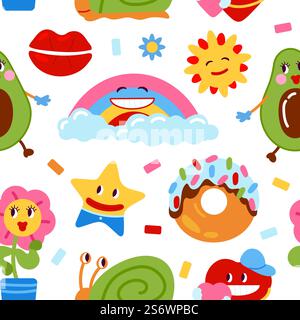 Lustiges Patchmuster. Abstrakte Kritzeleien, Cartoon-Avocado, Regenbogen, Sterne. Farbenfroher kindlicher Druck, moderne Mode anständige Vektor nahtlose Textur. Abbildung: Aufkleberabzeichen mit Muster. Lustiges Patchmuster. Abstrakte Kritzeleien, Cartoon-Avocado, Regenbogen, Sterne. Farbenfroher kindlicher Druck, moderne Mode anständige Vektor nahtlose Textur Stock Vektor