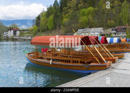 Holzboot mit rotem Baldachin auf dem See vor einem bewaldeten Hang mit Häusern, Bleder See, Veldes See, Blejsko jezero, Bled, Veldes, Feldes, Oberkrai Stockfoto