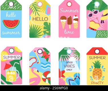 Sommeranhänger. Tropischer Tag, Scrapbook Geschenkkarten mit Obst und Strandelementen. Mode Reisen Banner, Spaß Reise Urlaub anständiges Vektor Design. Abbildung: Tag Card Sommer. Sommeranhänger. Tropischer Tag, Scrapbook Geschenkkarten mit Obst und Strandelementen. Mode Reisen Banner, Spaß Reise Urlaub anständiges Vektor Design Stock Vektor