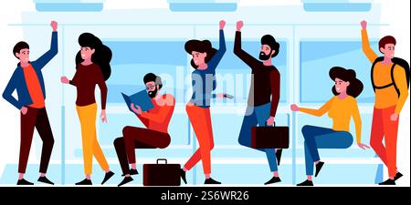 Bus-Innenraum. Menge steht im Bus und steht mit Griff grell Vektor Illustrationen Hintergrund in flacher Art. Innenraum des öffentlichen Pendlers. Bus-Innenraum. Menge steht im Bus und steht mit Griff grell Vektor Illustrationen Hintergrund in flacher Art Stock Vektor