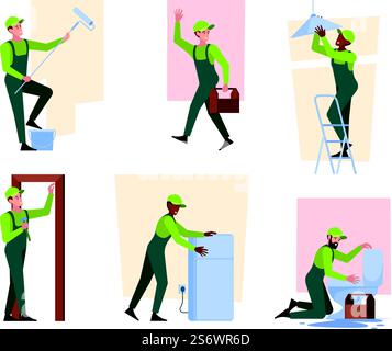 Hausangestellte. Haus Reparatur Dienstleistungen Bau Renovierung Wand Klempner Maler Arbeiter Handwerker grell Vektor Illustrationen flache Zeichen. Arbeiter Bauherstellercharakter, Reparaturarbeiter mit Ausrüstung. Hausangestellte. Haus Reparatur Dienstleistungen Bau Renovierung Wand Klempner Maler Arbeiter Handwerker grell Vektor Illustrationen flache Zeichen Stock Vektor