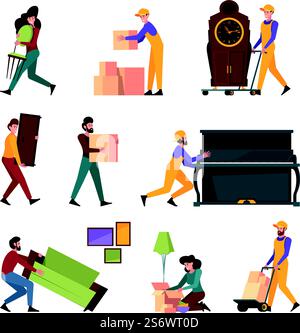 Umzugsfamilie. Glückliche Leute, die moderne Möbel bewegen Paar, das in neues Haus geht grelle Vektor-Wohnung Personen. Illustration der Umsiedlungsfamilie in einem neuen Haus. Umzugsfamilie. Glückliche Leute, die moderne Möbel bewegen Paar, das in neues Haus geht grelle Vektor-Wohnung Personen Stock Vektor