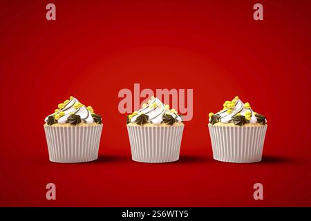 3D-Darstellung von drei Cupcakes auf rotem Hintergrund Stockfoto