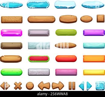 Elemente der benutzeroberfläche des Spiels. Hölzerne, gefrorene Knöpfe, bunte Zeichentrick-Web-Spiele-Design-Vektor-Satz. UI-Spieloberfläche, gui-Spielabbildung. Elemente der benutzeroberfläche des Spiels. Hölzerne, gefrorene Knöpfe, bunte Zeichentrick-Web-Spiele-Design-Vektor-Satz Stock Vektor