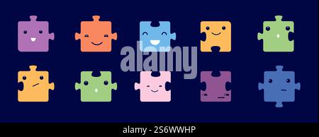 Niedliches Zeichentrickset. Kawaii Happy sieht sich mit Puzzle-Elementen und verschiedenen Spielsymbolen konfrontiert. Farbenfrohe Vektorkollektion für Kinder zum Spielen oder zur Bildung. Illustration von Gesichtsrätsel, lustiges Emoji-Lächeln. Niedliches Zeichentrickset. Kawaii Happy sieht sich mit Puzzle-Elementen und verschiedenen Spielsymbolen konfrontiert. Farbenfrohe Vektorkollektion für Kinder zum Spielen oder zur Bildung Stock Vektor