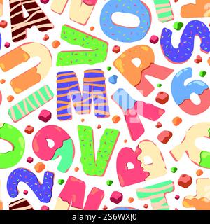 Alphabetisches Muster. Donuts Kuchen lustige Buchstaben und Zahlen Textsymbole grell Vektor Textil Design Projekte nahtlose Vorlagen. Illustration des Alphabets Donut Hintergrund Muster, Dekoration Dessert. Alphabetisches Muster. Donuts Kuchen lustige Buchstaben und Zahlen Textsymbole grell Vektor Textil Design Projekte nahtlose Vorlagen Stock Vektor