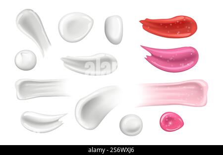 Cremekosmetische Abstriche. Weiße Creme- und Lippenstiftelemente. Isoliertes Gel, Joghurtvektor-realistischer Schlaganfall. Illustration kosmetische Creme Schönheit, Make-up und Lotion. Cremekosmetische Abstriche. Weiße Creme- und Lippenstiftelemente. Isoliertes Gel, Joghurtvektor-realistischer Schlaganfall Stock Vektor