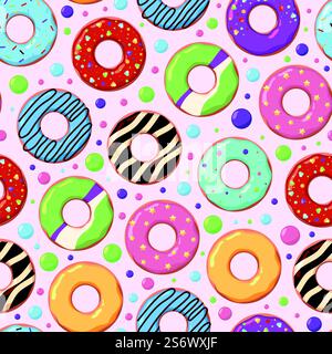 Donuts-Muster. Lebensmittelringe Bunte gezuckerte Schokolade runde Donuts grell Vektor Illustrationen des nahtlosen Hintergrunds. Kuchen Dessert köstliches Verpackungsmuster. Donuts-Muster. Lebensmittelringe Bunte gezuckerte Schokolade runde Donuts grell Vektor Illustrationen des nahtlosen Hintergrunds Stock Vektor