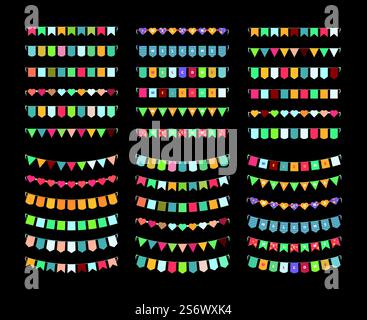 Bunting-Banner. Karneval Fahnen farbige Dekoration für Party Kinder Geburtstagssymbole grelle Vektor Illustrationen. Karnevalsfahne festliche Flagge zur Dekoration. Bunting-Banner. Karneval Fahnen farbige Dekoration für Party Kinder Geburtstagssymbole grelle Vektor Illustrationen Stock Vektor