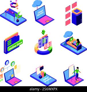 Digitale Remote-Ordner. Rechenzentren, Geschäftsbüros, Entfernungsüberwachung, gemeinsame Nutzung von Webdiensten, grellen Vektor-isometrische farbige Sammlung. Abbildung: Speicherdatenbank, Verbindung zu Dateiordnern. Digitale Remote-Ordner. Rechenzentren, Geschäftsbüros, Entfernungsüberwachung, gemeinsame Nutzung von Webdiensten, grellen Vektor-isometrische farbige Sammlung Stock Vektor