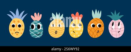 Kritzeln Sie Ananas. Süße Ananas Gesichter, emotionale Frucht Avatare. Bunte abstrakte frische Produkte Zeichen Vektorsatz. Illustration Ananasfrucht Lächeln und Emotionsausdruck. Kritzeln Sie Ananas. Süße Ananas Gesichter, emotionale Frucht Avatare. Bunte abstrakte frische Produkte Zeichen Vektorsatz Stock Vektor