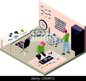 Fahrradreparatur. Arbeiter Ingenieure halten Fahrrad Werkzeuge Räder Zahnrad Fahrrad Lenker grellen Vektor isometrische Garage Innenraum. Illustration der Fahrradreparatur, Design des Fahrradservice. Fahrradreparatur. Arbeiter Ingenieure halten Fahrrad Werkzeuge Räder Zahnrad Fahrrad Lenker grellen Vektor isometrische Garage Innenraum Stock Vektor