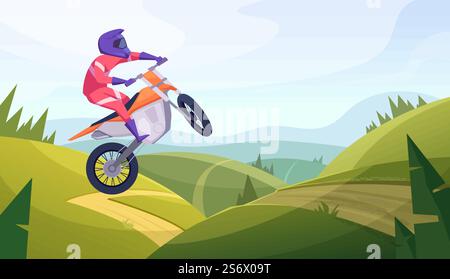 Motocross-Hintergrund. FreeStyle Radfahren aggressive Extremsportler springen auf Fahrrad exakte Vektor-Zeichentrickillustration. Motocross-Sport, Fahrer im Helm Extreme. Motocross-Hintergrund. FreeStyle Radfahren aggressive Extremsportler springen auf Fahrrad exakte Vektor-Zeichentrickillustration Stock Vektor