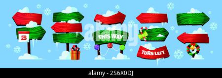 Schilder zum Nordpol. Weihnachten hölzerne Richtungspfeile Bretter mit Schneekappen grelle Vektor Illustration isoliert. Wegweiser Weihnachten mit Schnee. Schilder zum Nordpol. Weihnachten hölzerne Richtungspfeile Bretter mit Schneekappen grelle Vektor Illustration isoliert Stock Vektor