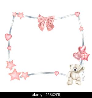 Rechteckiger Rahmen mit Bärenspielzeug, das Ballons für Grußkarten oder Einladungen in der Babyparty hält. Handgezeichnete Aquarellvorlage in Pastellgrau und Rosa Stockfoto