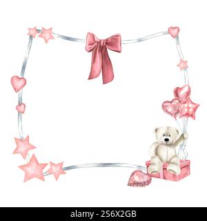 Rechteckiger Rahmen mit Bärenspielzeug, das Ballons für Grußkarten oder Einladungen in der Babyparty hält. Handgezeichnete Aquarellvorlage in Pastellgrau und Rosa Stockfoto