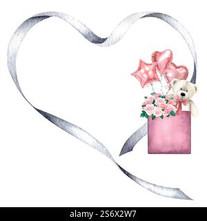 Graues Band in Herzform mit Teddybär in der Geschenkbox, Rosenstrauß und Ballons. Handgezeichnete Aquarellillustration des Rahmens für Valentin Stockfoto