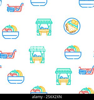 Buffet Essen Und Getränke Vektor Nahtlose Muster Farblinie Illustration. Buffet Essen Und Getränke Vektor Nahtlose Muster Stock Vektor