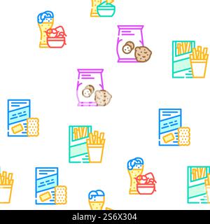 Snacks Essen Und Trinken Vektor Nahtlose Muster Farblinie Illustration. Snacks Speisen Und Getränke Vektor Nahtlose Muster Stock Vektor