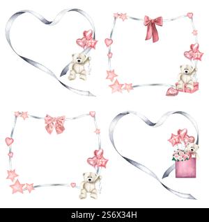 Rahmen mit Teddybären, Ballons, Bögen, Rosen und Sternen für Grußkarten oder Einladungen. Valentinstag Grenzen in Pastellgrau und Rosa für Stockfoto