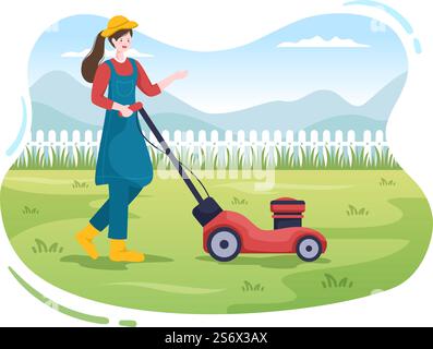 Rasenmäher Schneiden von grünem Gras, Trimmen und Pflege auf Seite oder Garten in flachen Cartoon Illustration Stock Vektor