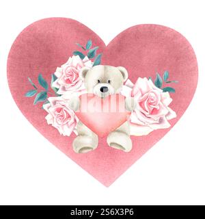 Schöner Teddybär mit Valentinstag rosa Herz und Rosenblumen Blumenstrauß. Handgezeichnete Aquarellillustration eines romantischen Geschenks während des Urlaubs Stockfoto