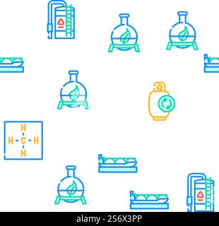 Biogas Energie Brennstoff Vektor Nahtlose Muster Farblinie Illustration. Biogas Energie Brennstoff Vektor Nahtloses Muster Stock Vektor