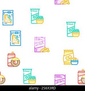 Snacks Essen Und Trinken Vektor Nahtlose Muster Farblinie Illustration. Snacks Speisen Und Getränke Vektor Nahtlose Muster Stock Vektor