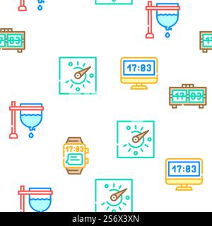 Uhr Und Uhr Zeit Ausrüstung Vektor Nahtlose Muster Farbe Linie Illustration. Uhr Und Uhr Zeitgeräte Symbole Set Vektor Stock Vektor