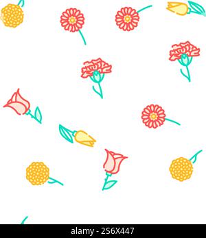 Blume Natürliche Aromatische Pflanze Vektor Nahtlose Muster Farbe Linie Illustration. Blume Natürliche Aromatische Pflanze Symbole Set Vektor Stock Vektor