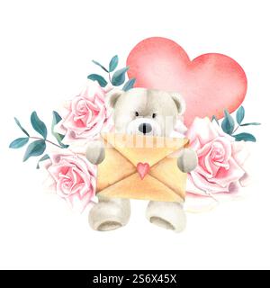 Teddybär sitzt und hält einen Umschlag, umgeben von Rosen und einem Herz. Handgezeichnete Aquarellillustration von Plüschspielzeug auf isoliertem Hintergrund. Idee Stockfoto