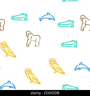 Wilde Tiere, Vögel Und Insekten Vektor Nahtlose Muster Farbe Linie Illustration. Wilde Tiere, Vögel Und Insekten Icons Set Vektor Stock Vektor