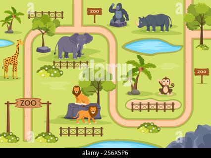 Zoo Karte mit Käfig und Outdoor Park Eintritt, um herauszufinden, wo die Tiere in Cartoon Vektor Illustration Stock Vektor