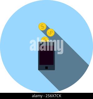Goldene Münzen Fallen In Smartphone-Symbol. Flaches Kreiseldesign Mit Langen Schatten. Vektorgrafik. Stock Vektor