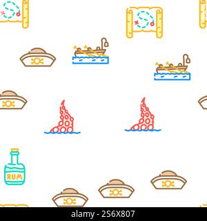 Pirate Sea Räuber Vektor Nahtlose Muster Farbe Linie Illustration. Seeräuber Seeräuber Vektor Nahtloses Muster Stock Vektor