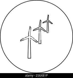 Windgeneratoren Turbinenantrieb Windmühle Clean Energy Concept Symbol im Kreis rund schwarz Farbe Vektor Illustration Bild Umriss Kontur Linie dünn Stil einfach. Windgeneratoren Turbinenantrieb Windmühle Clean Energy Concept Symbol im Kreis rund schwarz Farbe Vektor Illustration Bild Kontur Linie dünne Stil Stock Vektor