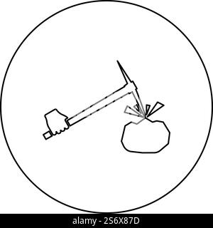 Spitzhacke Bergbau schlägt Steine Fliegen halten in der Hand Symbol im Kreis rund schwarz Farbe Vektor Illustration Bild Umriss Kontur Linie dünn Stil einfach. Spitzhacke Bergbau schlägt Steine Fliegen halten in der Hand Symbol im Kreis rund schwarz Farbe Vektor Illustration Bild Umriss Kontur Linie dünne Stil Stock Vektor
