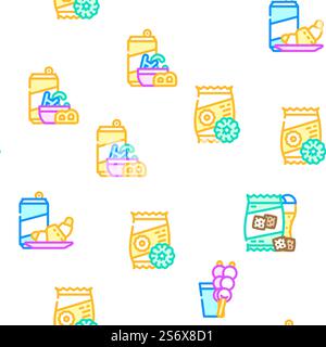 Snacks Essen Und Trinken Vektor Nahtlose Muster Farblinie Illustration. Snacks Speisen Und Getränke Vektor Nahtlose Muster Stock Vektor